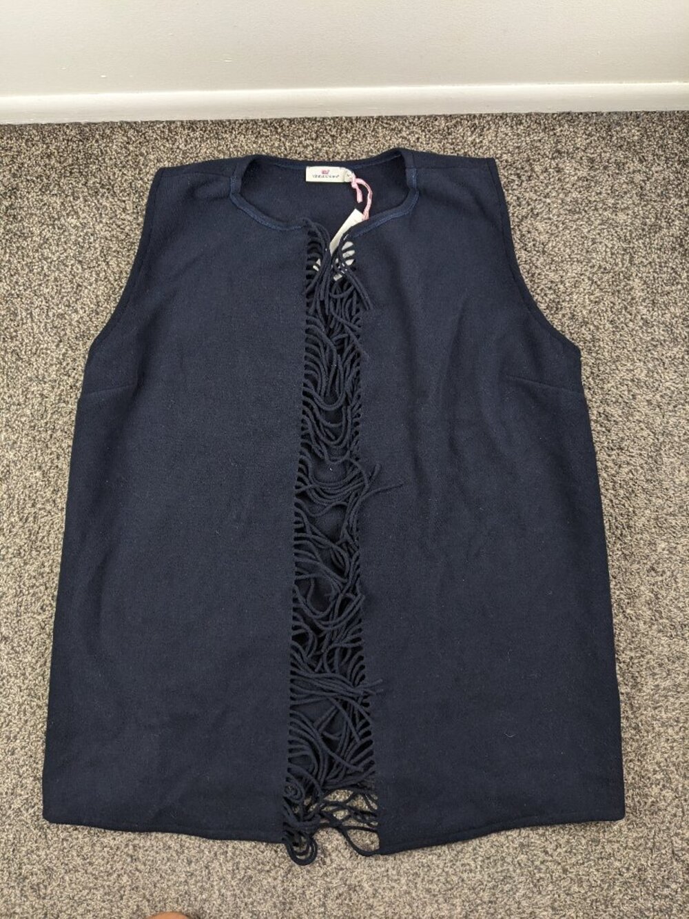 NWT Vineyard Vines Vest Open Front Fringe Wool Sweater Blue Womens 2X $168.00